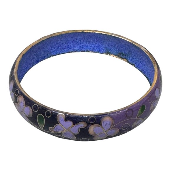 Vintage Cloisonné Enamel Purple & Blue Floral Bangle Bracelet Size 6.5 Estate - Picture 5 of 8